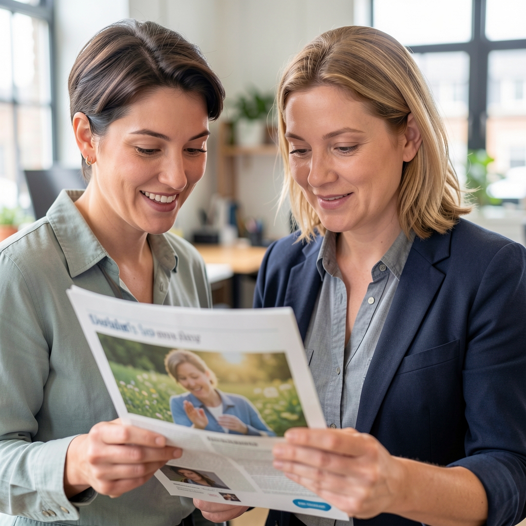 Two editorial colleagues discussing a printed wellbeing feature in a bright Bradford workspace