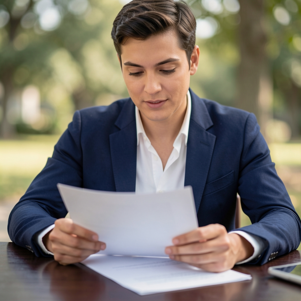 Editorial team member reviewing printed research notes at a dark wooden desk