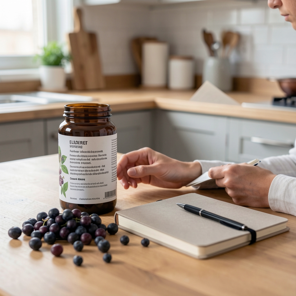Reader studying an elderberry product label beside dark berries and a neutral research notebook on a kitchen table