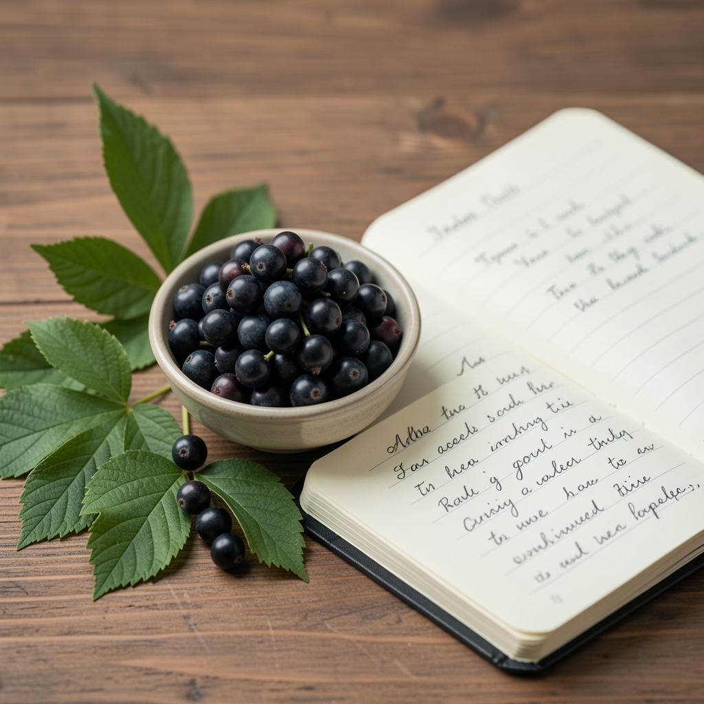Dark elderberries in a small bowl beside leaves and a handwritten research notebook