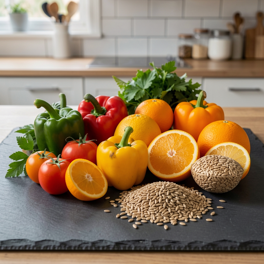 Colourful seasonal vegetables, citrus fruit and whole grains arranged on a slate kitchen surface