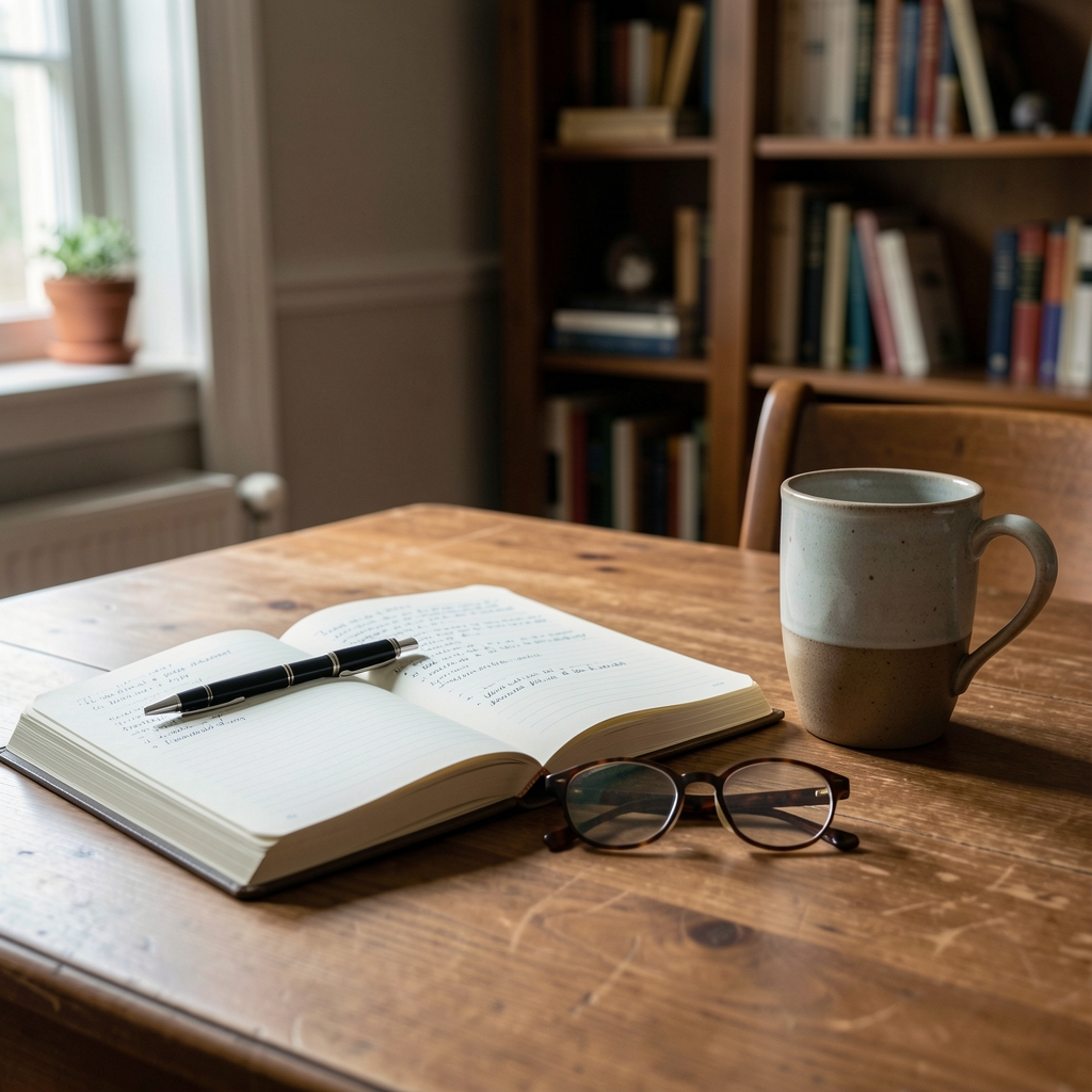 Open research notebook beside reading glasses and a ceramic mug in a softly lit home study
