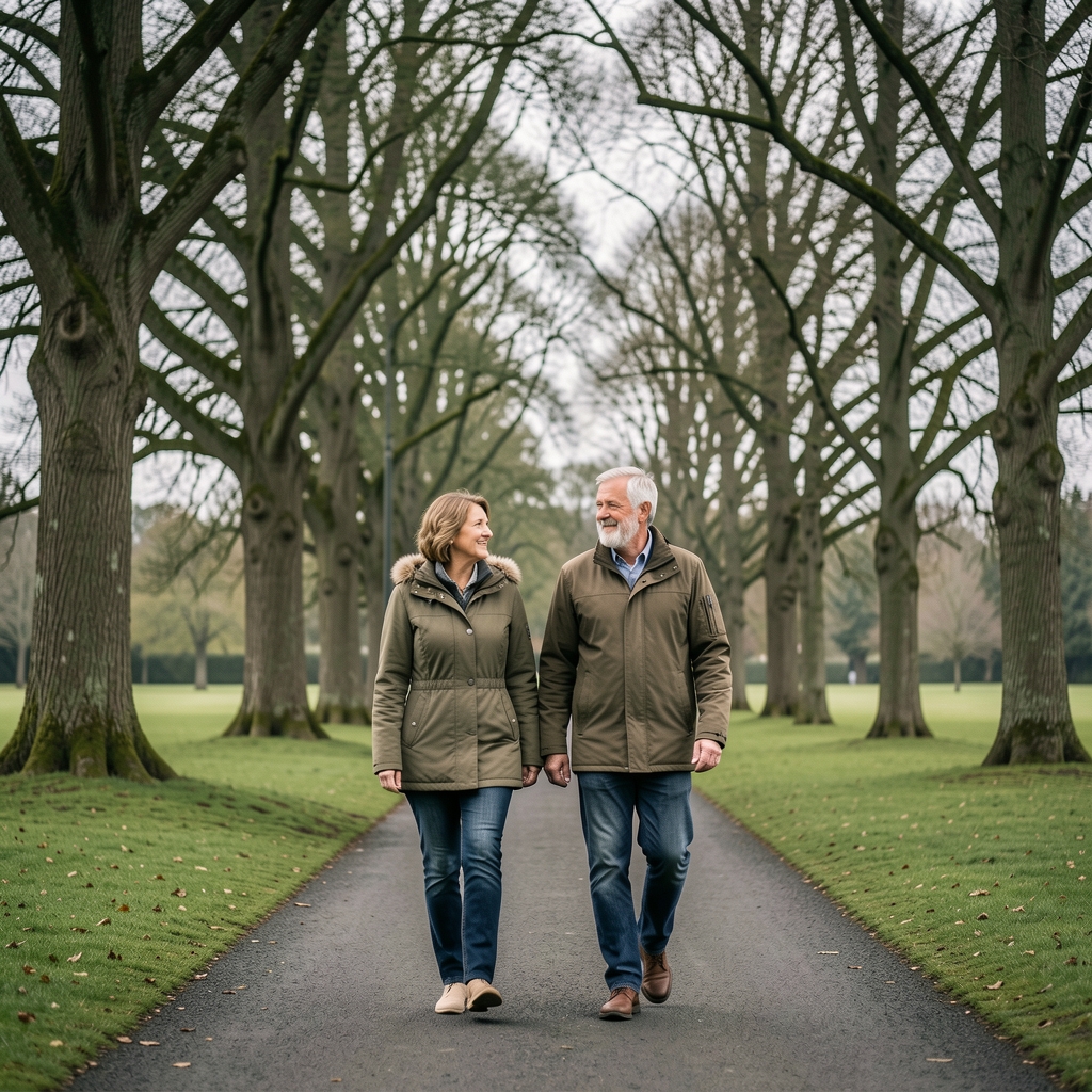Mature couple walking along a Yorkshire park path beneath tall trees on an overcast morning