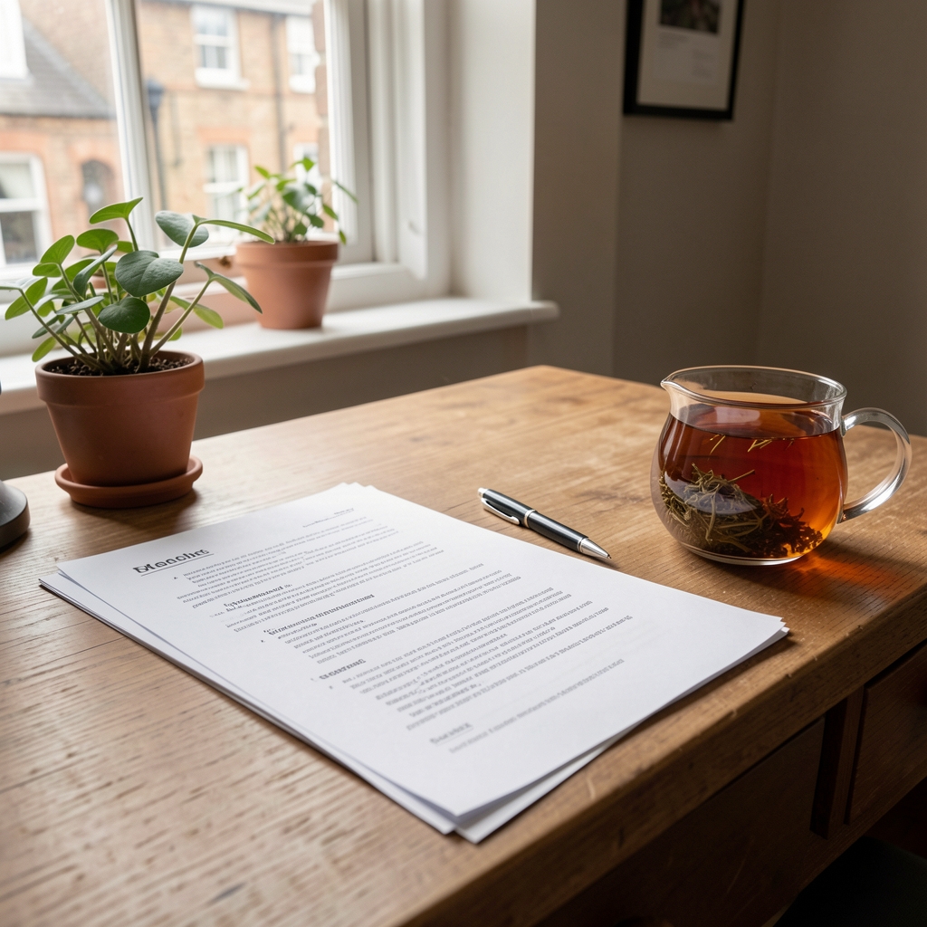 Quiet Nordic writing desk with research papers, herbal tea and soft morning light in Bradford
