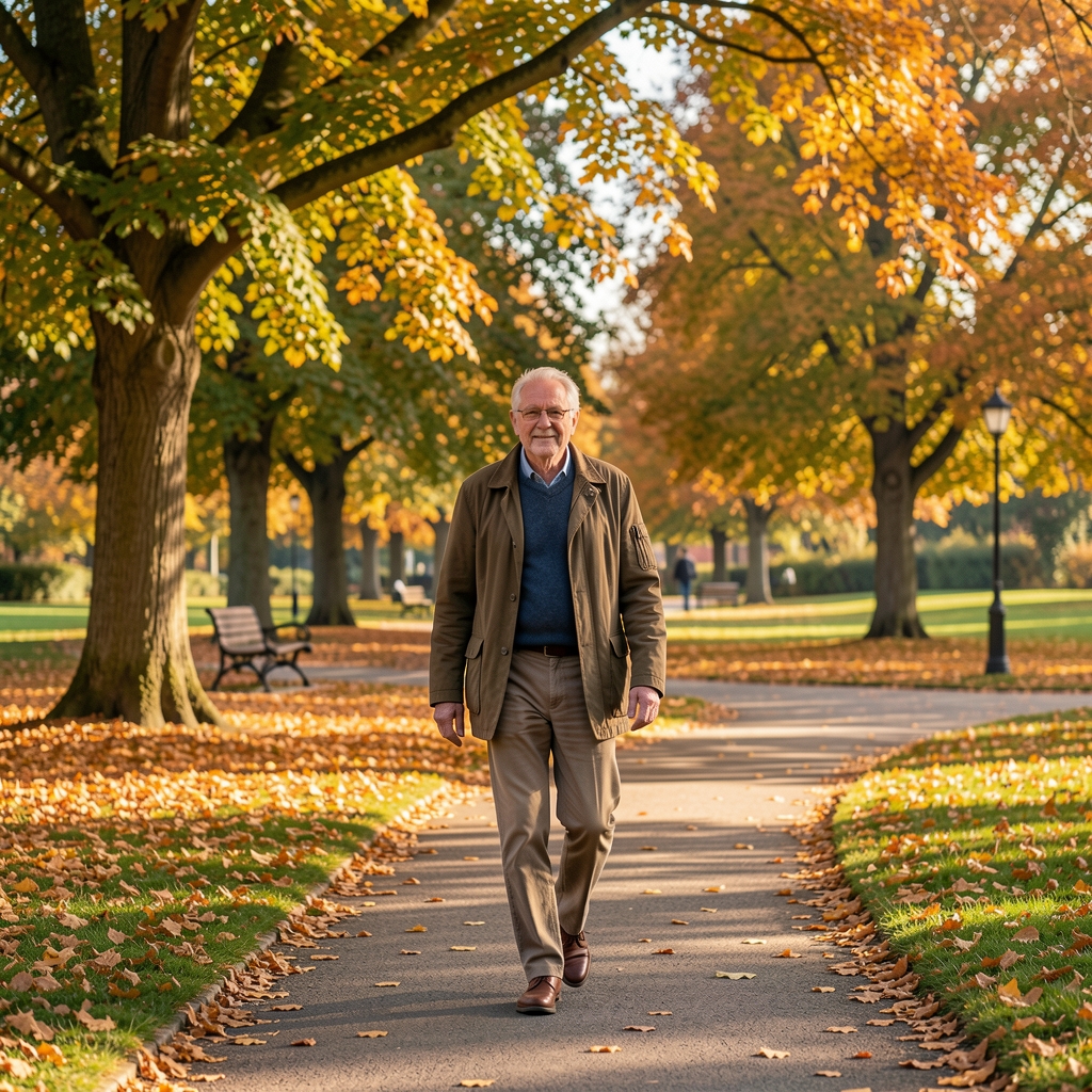 Older adult walking through a leafy Bradford park in clear autumn light