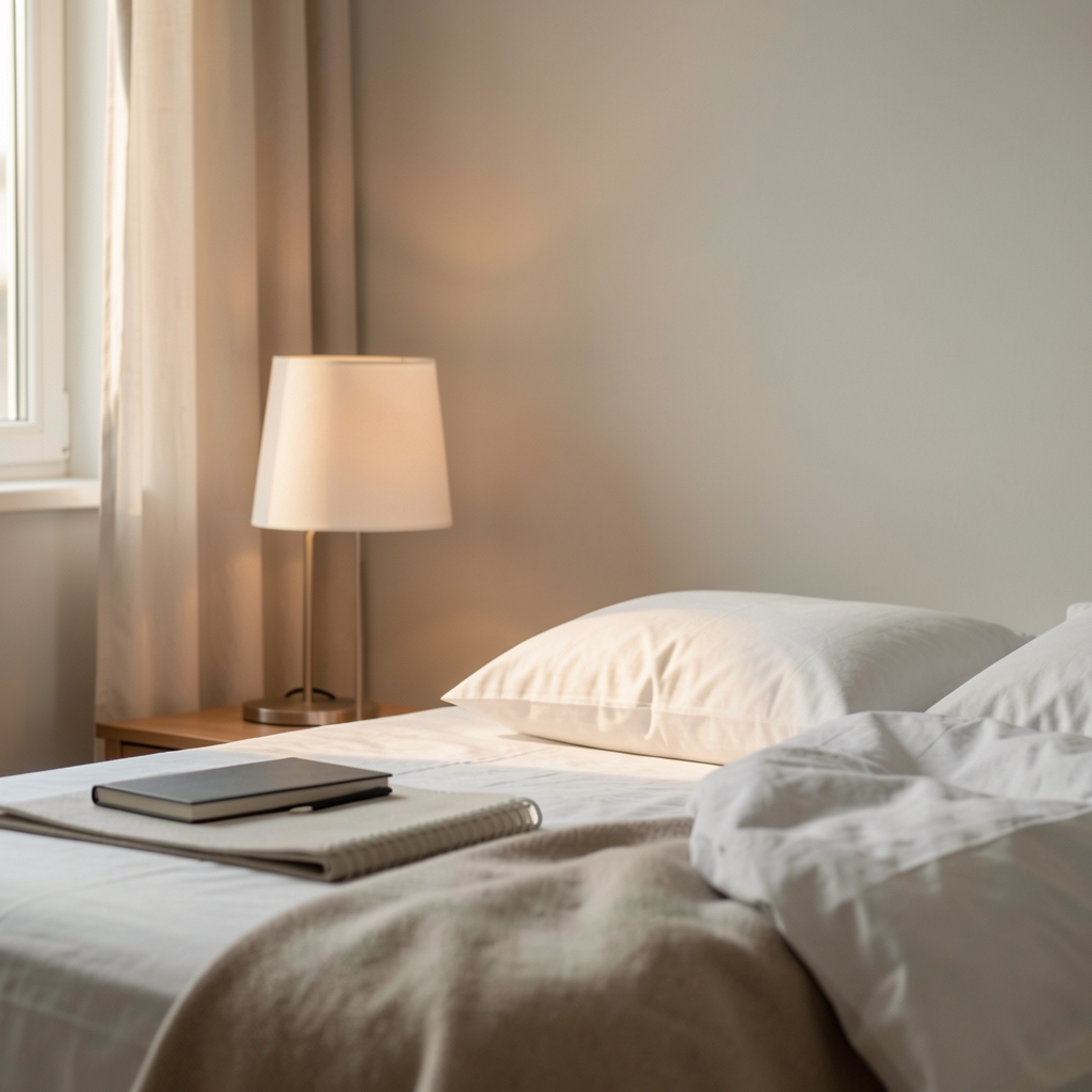 Quiet bedroom with soft daylight, a closed notebook and a simple bedside lamp arranged for evening reflection