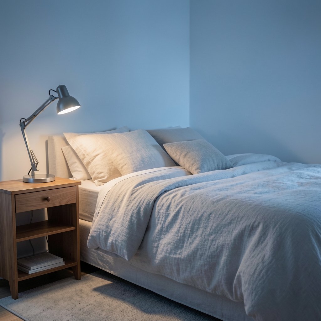 Calm bedroom with linen bedding, reading lamp and early blue morning light