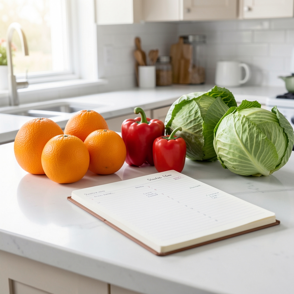 Bright kitchen counter with oranges, red peppers, cabbage and a notebook for planning varied meals