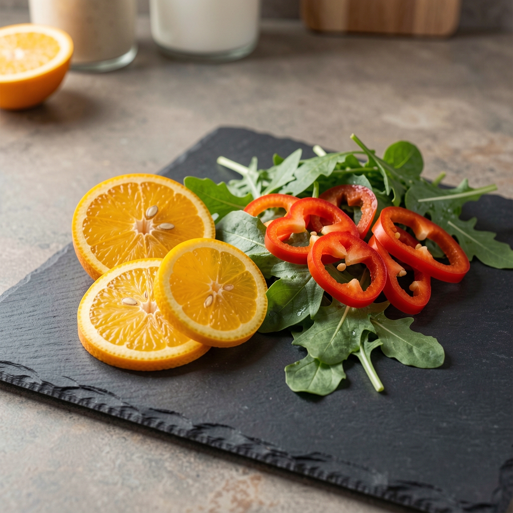 Sliced oranges, peppers and leafy greens on a slate kitchen surface
