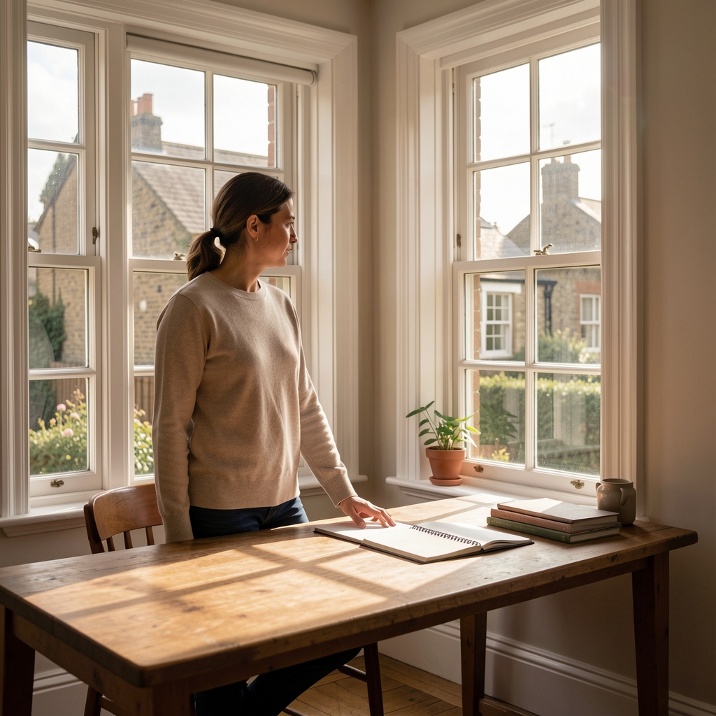 Person walking beside a Yorkshire window with a notebook and daylight across the table