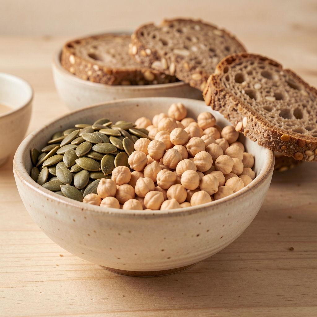 Pumpkin seeds, chickpeas and wholegrain bread arranged in ceramic bowls